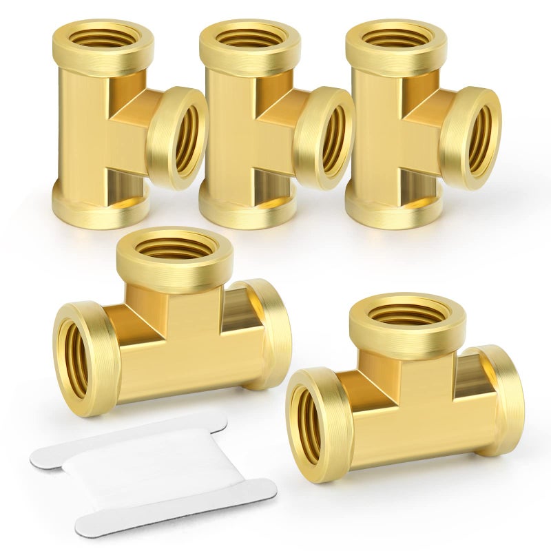 GASHER 5 Pcs Brass Tee Fitting, 1/4" x 1/4" x 1/4" NPT Female Pipe Fittings - Image 1